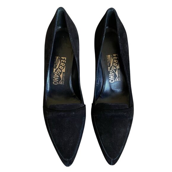 Salvatore Ferragamo Black Suede Pumps 6B Pointed Toe Kitten Heel Party Office - Picture 1 of 11
